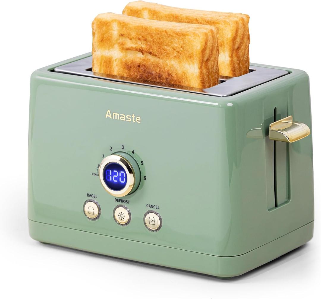 2 Slice Toaster, Retro Bread Toaster with LED Display, Extra Wide Slots Toasters with 6 Bread Shade Settings, Bagel, Cancel, Defrost Function, Stainless Steel with High Lift Lever, Removal Crumb Tray (Matcha Green)
