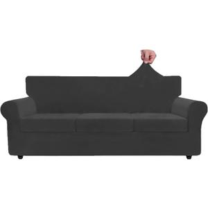 ZNSAYOTX Oversized Velvet Couch Cover 4 Piece (92"-115") Stretch Sofa Covers for 3 Cushion Couch Thick Soft XL-Slipcover with Non Slip Strap, Dog Pet Friendly Nice Furniture Protector (Black)