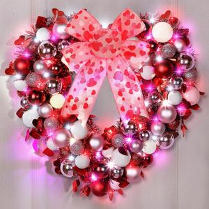 14'' Valentine Wreath Heart Door Wreath for Front Door Wall Window Romantic Decor, 2 Tier Plastic Valentines Day Love Heart Wreath with Bowknot for Valentines Day Wedding Party (Red Pink White)