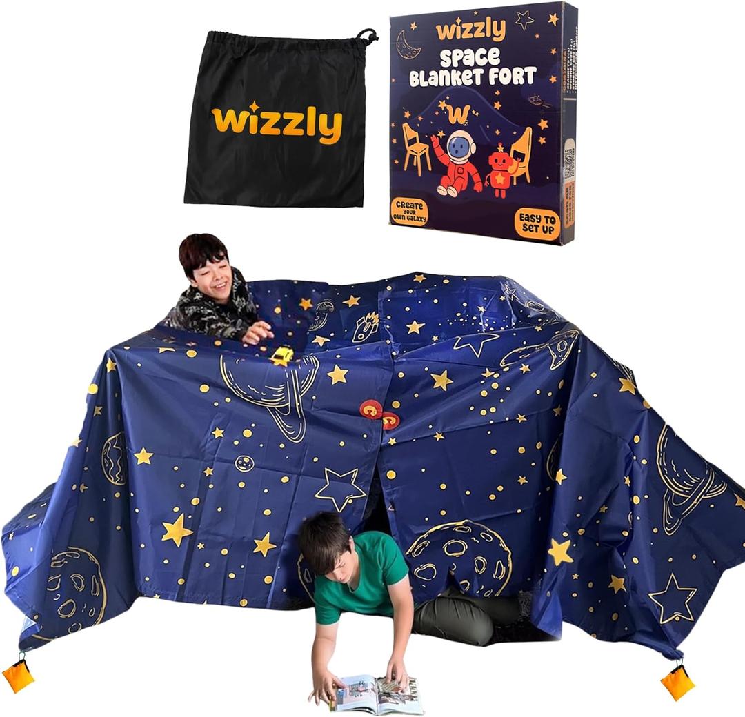 Wizzly Space Blanket Fort Kit for Kids, Creative Fort Building Kit for Kids, Ages 4-8 & 8-12, Large Lightweight Blanket and Tent Weights for Make a Fort, Indoor/Outdoor Playhouse Toys for Boys & Girls