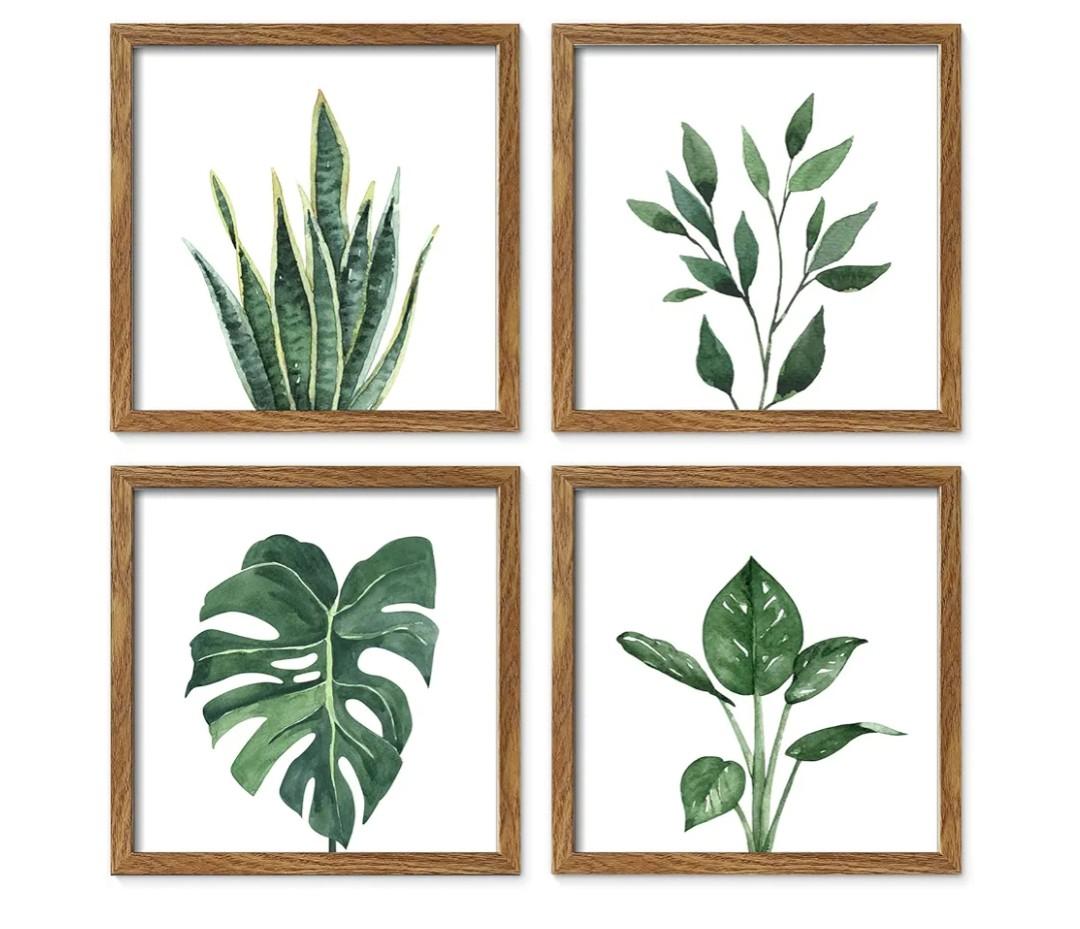 ArtbyHannah Framed Botanical Bathroom Wall Art Decor, 10x10 Inch 4 Pack Acrylic Sage Green Prints Set, for Spa & Farmhouse Decor for Bath, Restroom, Bedroom, Office Decoration (Walnut)