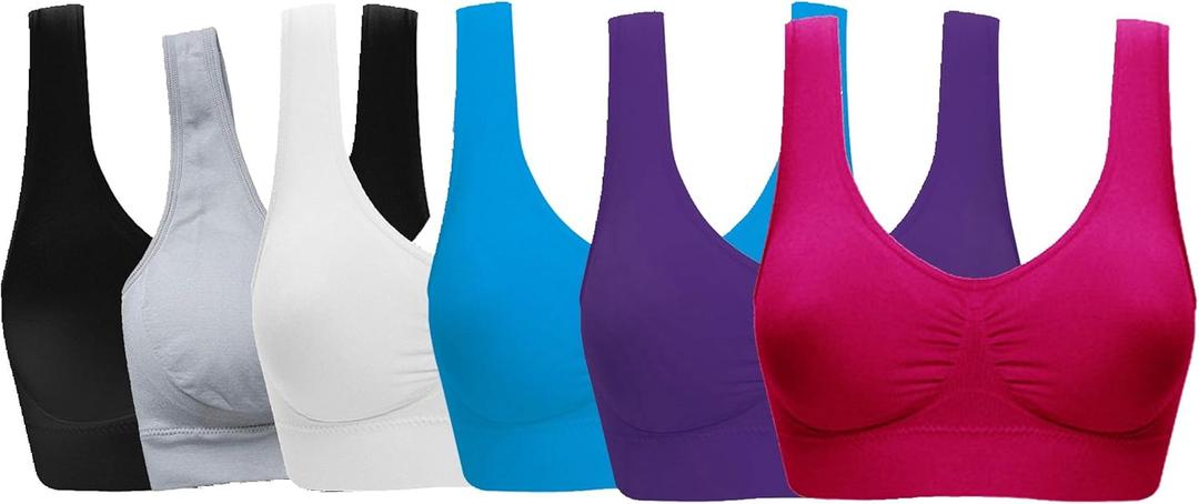 Women's Comfort Workout Sports Bra Low-Impact Activity Sleep Bras (3X-Large, 6 Pack Black White Grey Blue Purple Rose)