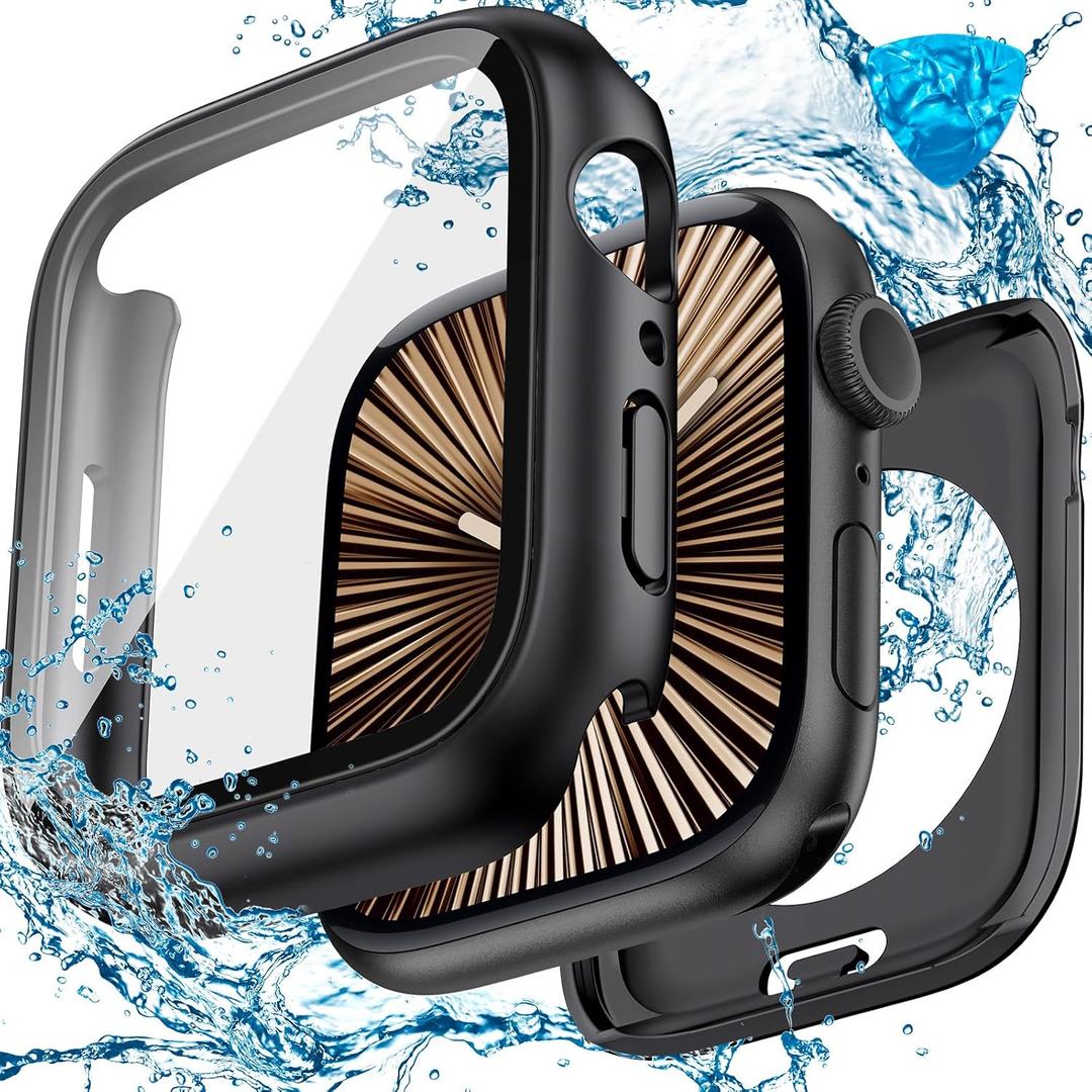 3 in 1 Goton Waterproof Hard Case for Apple Watch Screen Protector 42mm, 360 Slim Full Protective Tempered Glass Face Cover + Back Hard PC Bumper for iWatch Series 11/10, 42mm Matte Black