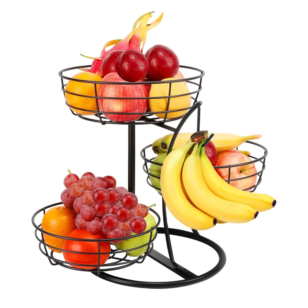 Livabber Fruit Basket Bowl with Banana Hanger, Fruit Vegetable Storage Basket with Banana Tree Holder for Kitchen Counter, Detachable Organizer for Bread Snack Produce (Black, 3-Tier Metal Base)