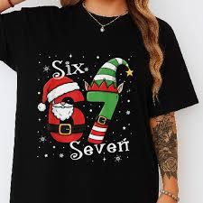 Funny Six Seven 67 Meme 6 7 Elf Santa Christmas Pajamas Kids TShirt XS