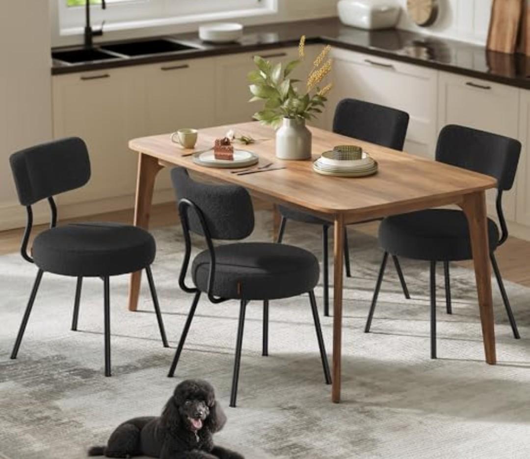 VASAGLE Boucle Dining Chairs Set of 2, Upholstered Kitchen Dining Room Chairs with Curved Backrest and Steel Frame, Modern Mid Century, Round, for Vanity, Living Room, Ink Black UKDC110B14