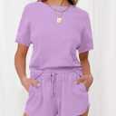 MEROKEETY Women's Short Sleeve Waffle Pajama Sets 2 Piece Lounge Outfits | Basic Top Shirt and Drawstring Pocket Shorts Loose Fit Cozy Soft Two Piece Loungewear Tracksuit Matching Set Outfits (Purple, M)