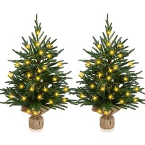 Lyrow Artificial Norfolk Pine Tree 24 Inch Tabletop Christmas Tree Small Light Up Norfolk Pine with 30 Beads for Holiday Party Indoor Outdoor Home Table Fireplace, Entryway Decorations((2 Pcs)