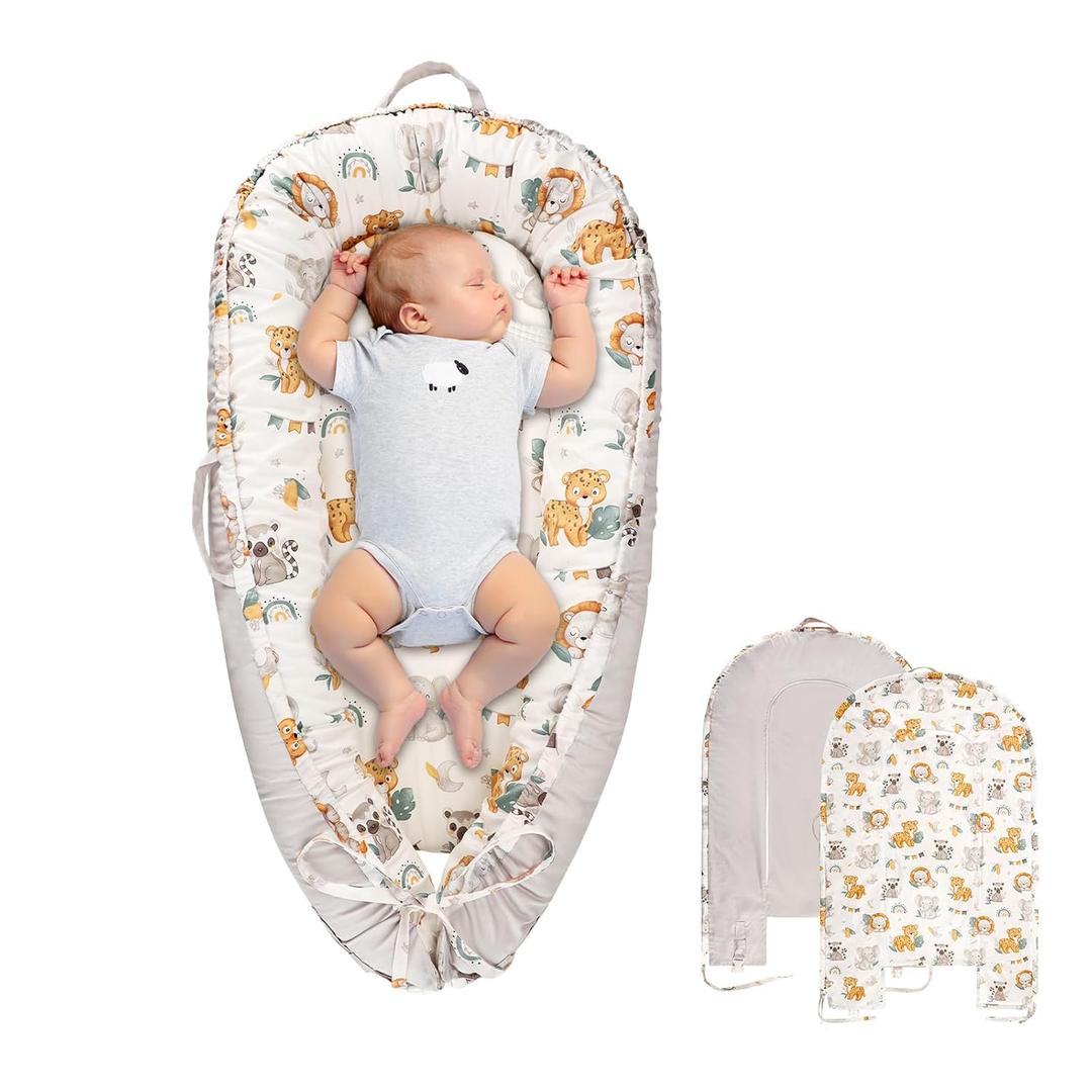 Baby Lounger Cover for Boys Girls, Reversible Baby Nest Cover, Adjustable Baby Lounger Replaceable Cover for Infant Newborn, Portable and Machine Washable, Cotton Gray Elephant Cover Only