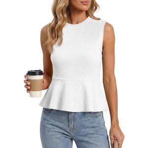 Tankaneo Womens Summer Tank Tops Sleeveless Ribbed Knit Babydoll Peplum Tops Work Business Casual Shirts Blouses (White, S)