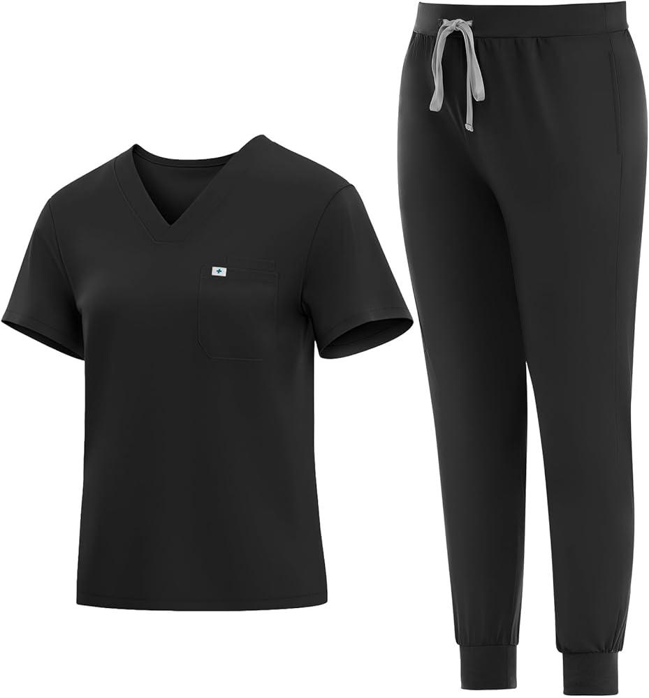 Eadflie Medical Scrubs Set for Women - Classic V-Neck Top & Jogger Pants with Stretch Nursing Uniform Scrub Suit - (Black/Tall/S)