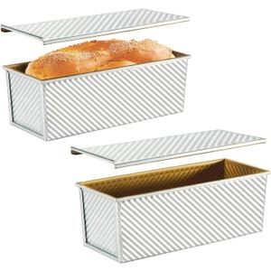 CURTA Commercial Pullman Loaf Pan with Lid 2.2 lb Dough Capacity Non-Stick Bakeware for Baking Bread Corrugated Bread Toast Box Mold Extra Large Loaf Pan Silver 2 pcs