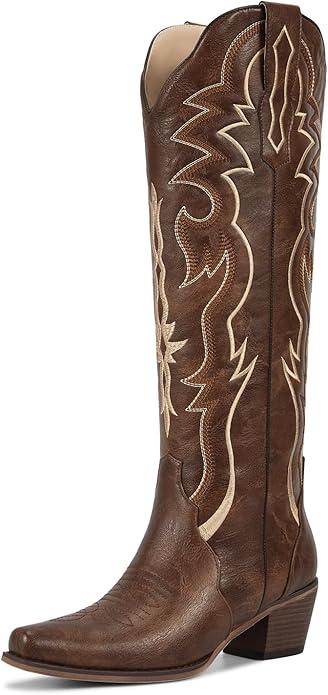 wetkiss Brown Cowboy Boots for Women Knee High Cowgirl Tall Boots with Classic Retro Embroidered Chunky Heel Slip On Pointed Toe Womens Western Boots for Girls Ladies, 7.5