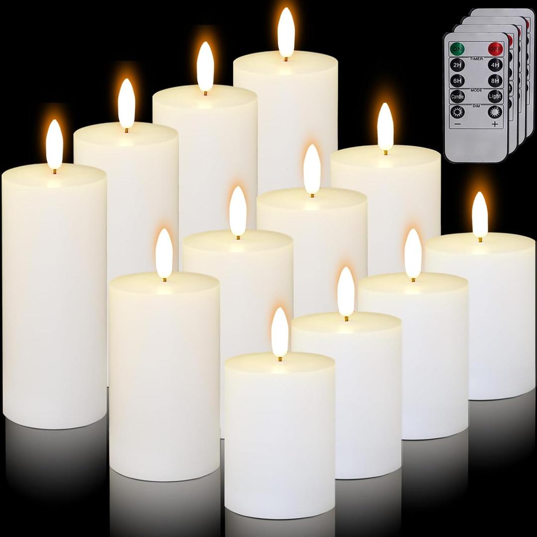 12 Pcs White Flameless Candles Flat Top LED Candles with Remote Timer, Pillar Flameless Candle Bulk Flickering Battery Operated Candle for Wedding Festival Outdoor Home Decor D 3'' x H 4'' 5'' 6''