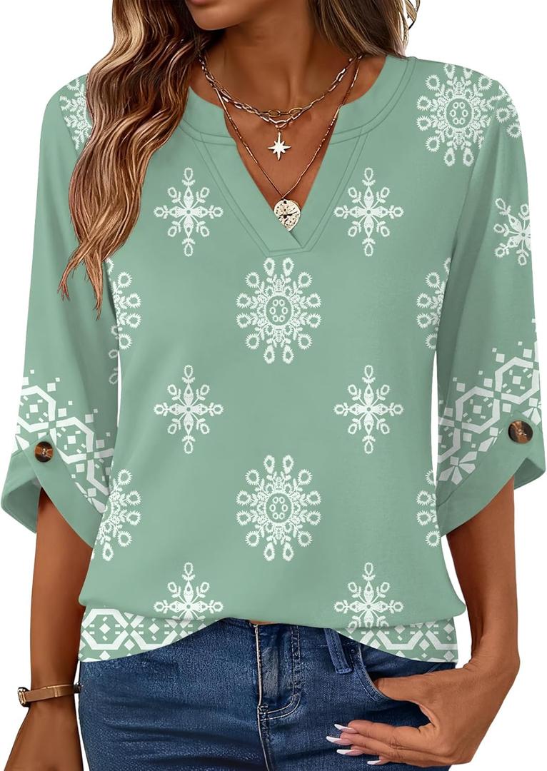 Kistore Womens 3/4 Length Sleeve Tunic Tops Dressy Casual V Neck Shirts Trendy Flowy Tees (Green, XXL)