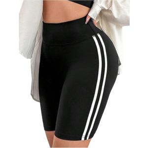 Verdusa Women's Side Striped Biker Shorts High Waisted Tummy Control Workout Athletic Shorts (Black, S)