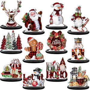 Yousoontic 12pcs Christmas Red Black Buffalo Plaid Wooden Table Centerpieces Red Black Snowman Gingerbread Santa Claus Pine Tree Wooden Signs Table Decorations for Christmas Holiday Party Dinner