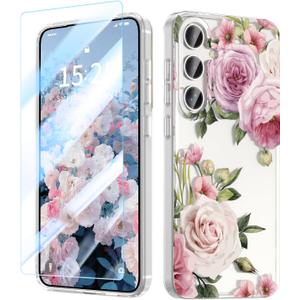 MILPROX Flower Case for Samsung Galaxy S24, with Screen Protector Cute Floral Design for Girls and Women, Protective Shockproof Phone Cover for Samsung Galaxy S24 6.1-Inch (Peony)