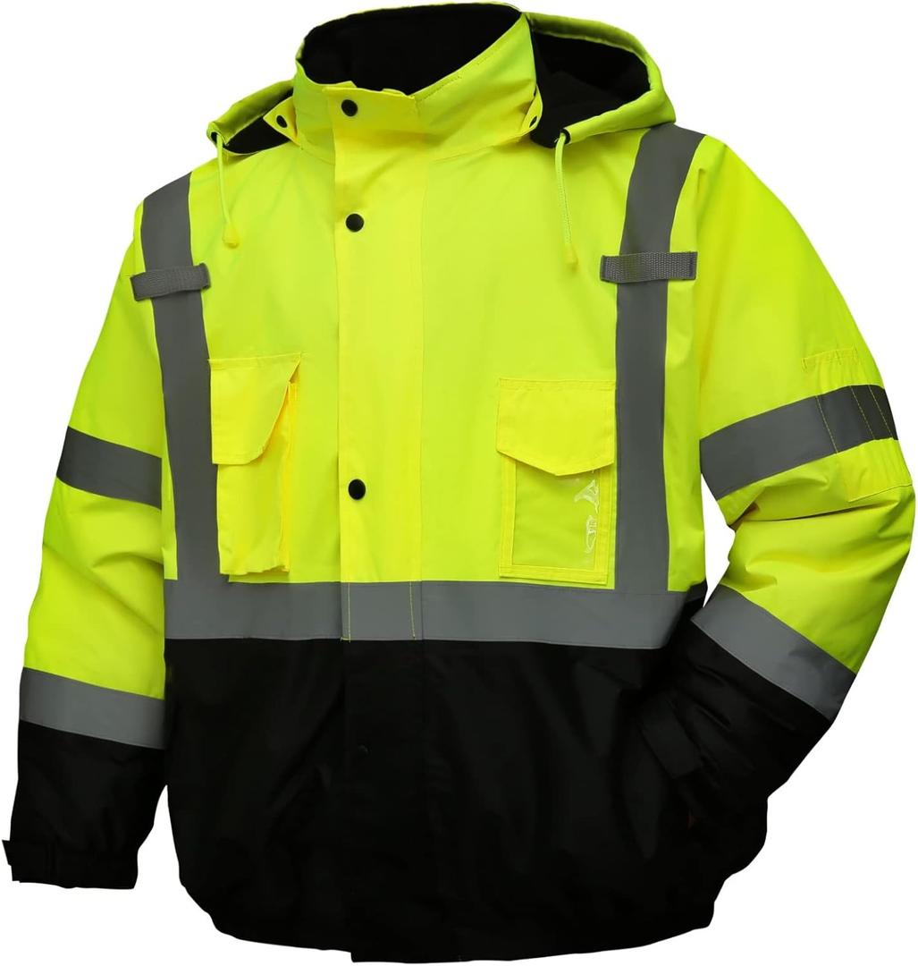 Safety jacket for men, Reflective high Visibility Hooded jacket, Hi-Vis Bomber Jacket with Pockets and Zipper, Waterproof, Black Bottom, ANSI/ISEA 107-2020 Type R Class 3, Lime