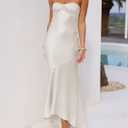 Summer Satin Tube Top Strapless Midi Dress for Women 2025 Formal Ruched Backless Wedding Guest Long Dresses (White, L)