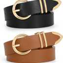 VONMELLI 2 Pack Women's Leather Belts for Jeans Dresses Fashion Gold Buckle Ladies Belt (Brown)