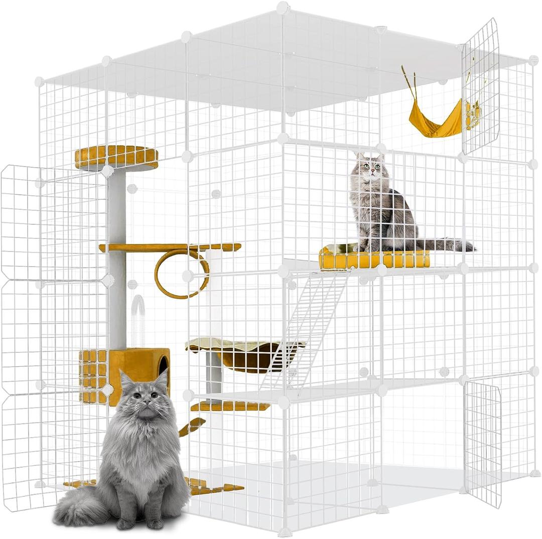Large Cat Cage,Cat Cage Enclosure Indoor DIY Cat Playpen Detachable Metal Wire Kennels Crate Large Exercise Place Ideal, for 1-4 Cats,Ferret, Chinchilla, Rabbit, Small Animals (White-43x43x57)