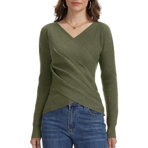 Wrap Criss Cross Sweater for Women, V Neck Ruched Pullover Off Shoulder Long Sleeve Fashion Fall Casual Tops Military Green, XL