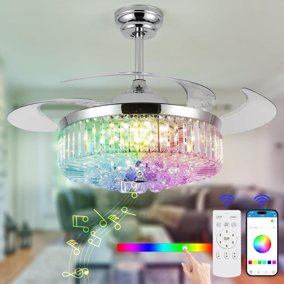 48" Crystal Ceiling Fan with Lights and Speaker,Chrome Retractable Ceiling Fans with Remote Control,RGB Fandelier Chandelier Fan with 6-Speed Reversible Blades,APP Control
