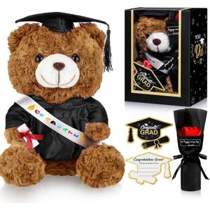 Graduation Bear Gifts Set Include Stuffed Animal Bear with Gown Cap Tassel Class of 2025 Grad Card Soap Artificial Flower Box with Window Graduation Gift for Him Her(Black)