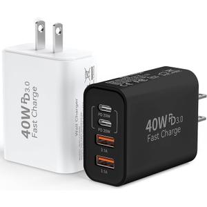 USB C Wall Fast Charger Block, 40W 4-Port Type C Charger Fast Charging Blocks PD Power Charger Adapter+QC 3.0 USB Multiport Charger Brick for Phone 16/15/14/13/12 Pro Max, Pad, Galaxy S24/23-2Pack
