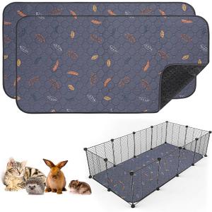 Sunheir 2 Pack Washable Guinea Pig Pee Pads, 24" x 48" Waterproof Reusable Guinea Pig Cage Liners, Absorbent Bedding Training Mat for Small Animal Guinea Pigs Rabbit Bunny Hamster (Leaves - Deep Grey)