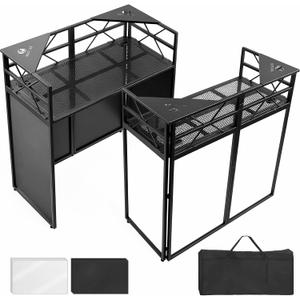 DJ Booth - Adjustable Height (33inch / 37.8inch), Portable DJ Table Stand with Carry Bag, Black & White Blackout Cloth, Foldable DJ Facade Booth for Event, Parties, Festival, Clubs (41.1 x 20.5inch)