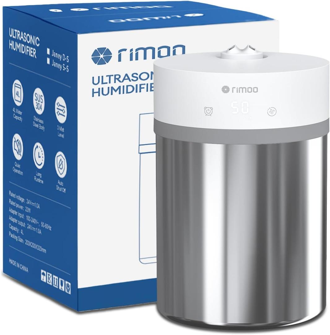 Stainless Steel Humidifier, 4L Ultrasonic Cool Mist Humidifiers with Only 3 Parts Easy to Clean, Top Fill Humidifier with 1-9H Timer, 28dB Whisper-Quiet, Filterless for Bedroom Large Room