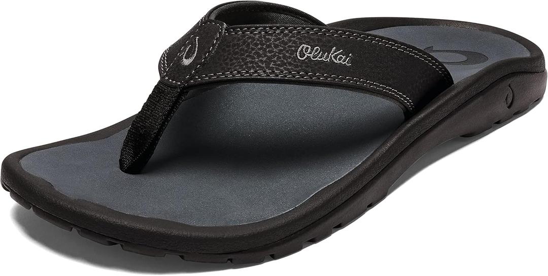 OLUKAI Ohana Men's Beach Sandals, Water Resistant Flip Flops, Arch Support & Comfort Fit, Lightweight & Durable, Enhanced Grip & Traction (Black)