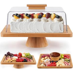 HBlife Cake Stand with Lid (16.5"), Multifunctional Cake Stand with Acrylic Dome, Rectangular Bamboo 2-in-1 Cake Plate Display Stand with Cover for Baking Gifts, Birthday Kitchen Parties, Weddings