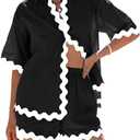Lingjiazi Women's 2 Piece Beach Outfits Short Sleeve Button Down Linen Shirts and Shorts Pajama Sets Loungewear, M