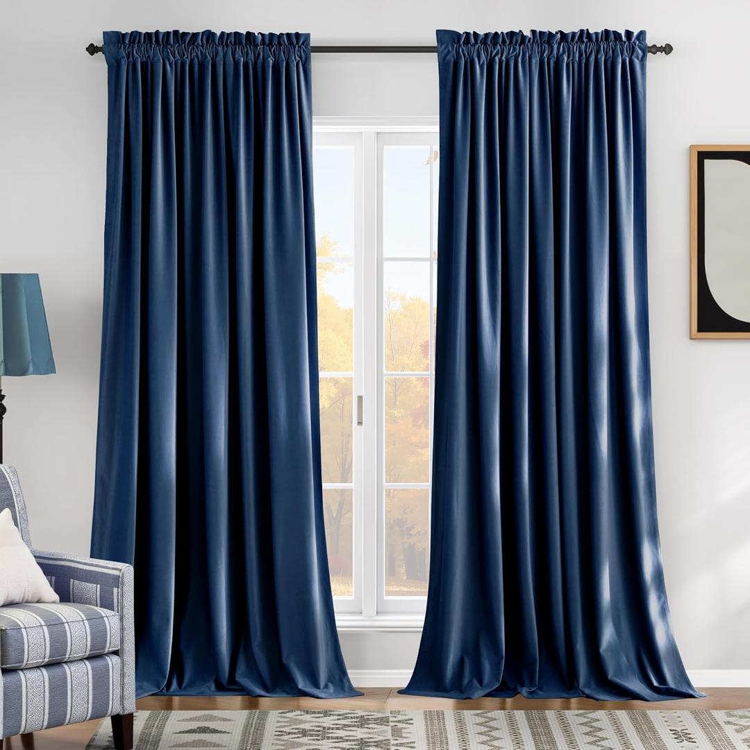 NICETOWN Navy Blue Velvet Curtains 84 inches for Bedroom, Sound Reducing Heavy-Duty Solid Rod Pocket Light Blocking Drapes/Panels for Living Room (2 Panels, 52 inches Wide Each Panel)