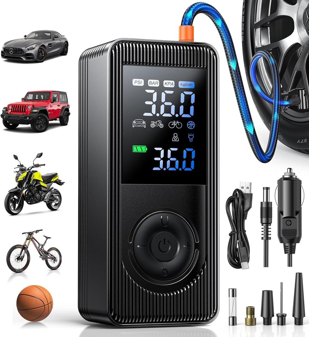 Tire Inflator Portable Air Compressor - 150 PSI 4X Fast Inflation Rechargeable Battery & 12V DC Adapter Powered Air Pump for Car Bike Motorcycle Tires Balls with LCD Display, LED Light (Black)