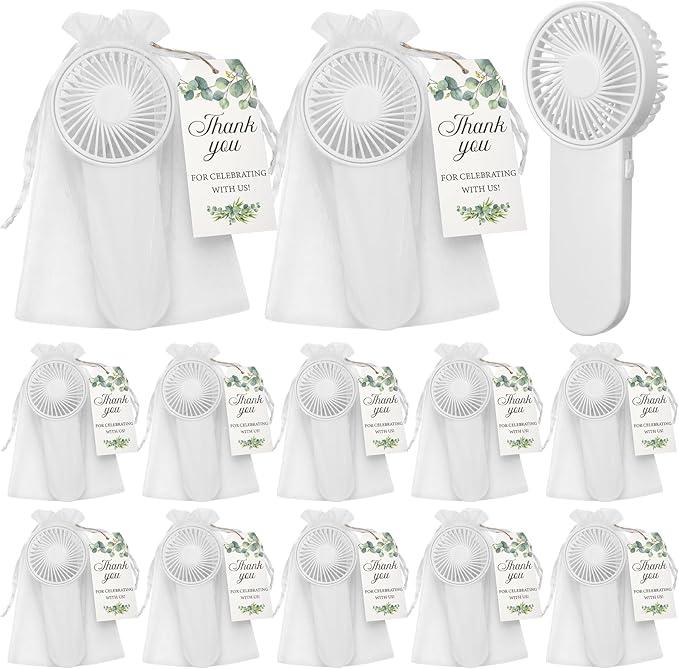 Wovnet 12 Sets Wedding White Handheld Fans Bulk for Guests Summer Wedding Gift Mini Portable Cooling Fans with Thank You Tags and Organza Bags for Guests Favors,Aa Battery Powered