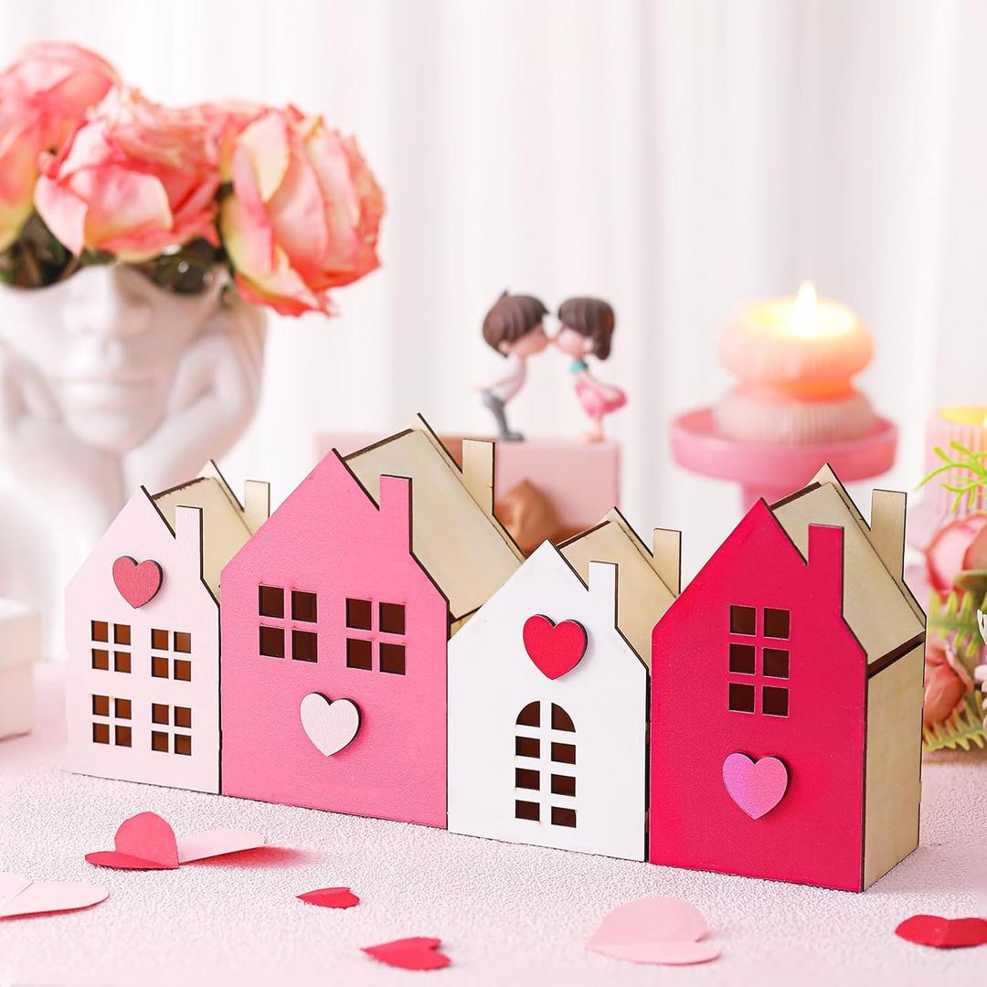 Chunful 4 Pcs Valentines Day Decorations DIY Wooden House Wooden Craft Kit Pink Wood Tiered Tray Decor Classic Valentines Day Decor Home Office Shelf Mantel Table