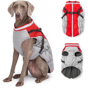 Dog Winter Coat with Harness, Dog Jacket Clothes with Zipper on Back, Waterproof Windproof Warm Vest, Reflective Cold Weather Coats, for Small Medium Large Dogs, Thick (Red,M) (M(Chest Girth:21.25"/54CM))