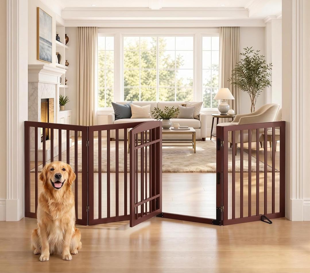 Homykic Dog Gate Indoor, 88.2" W x 30" H Extra Wide Foldable Bamboo Pet Gate with Door, No Assembly Freestanding Dog Fence with 2 Support Feet & 360Hinges for Doorways Hallways (Espresso, 4 Panels)