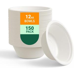 ECOLipak 150 Pack 12 oz Paper Bowls Disposable, Heavy-Duty Biodegradable Compostable Bowls Made of Natural Sugarcane Bagasse, Suitable for Salad, Dessert, Milk, Cereals