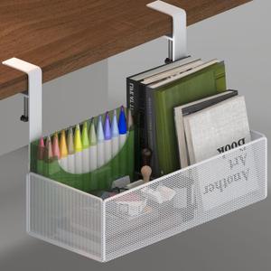Orbixa Under Desk Storage Organizer, Clamp-On Mesh Metal 3-in-1 Desk Side Storage – Use on Desk, Under Table, or as Hanging Wall Organizer for Office, Home & School Essentials (White)