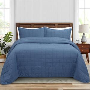 Quilt Super King Size Bedding Sets, 100% Cotton Lightweight Luxury Comforter Set, Oversized Extra Wide Stitching Bedspread Coverlet with 2 Pillowcase Suitable for All Season, Blue
