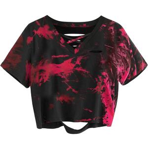 LilyCoco Women Criss Cross V Neck T Shirts Cut Out Tie Dye Short Sleeve Crop Tops Black X-Large