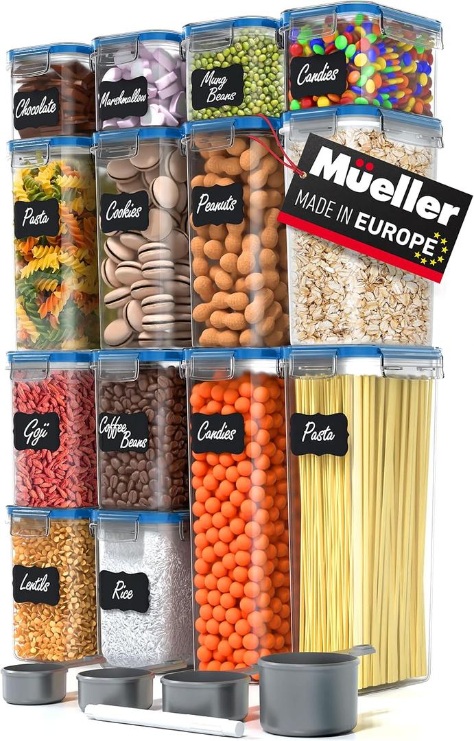 Mueller Airtight Food Storage Container Set with Lids 14-Piece, Kitchen & Pantry Organization and Storage, Dishwasher, Freezer and Microwave Safe 14 Labels, 4 Measuring Cups & Marker, Blue