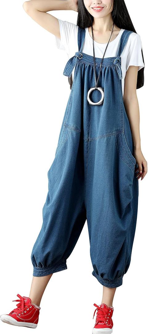 Yeokou Women's Loose Baggy Denim Wide Leg Drop Crotch Jumpsuit Rompers Overalls (Style 89 Blue)