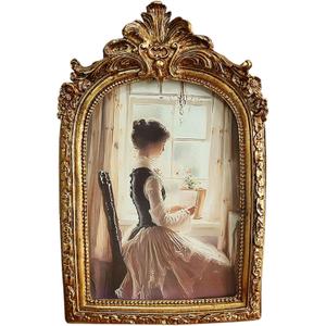 Antique 3.5X5.5 Picture Frame Vintage Designs with Resin and HD Glass, Table Top Display and Wall Hanging Home Decor (Golden Arch)