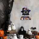 Happy Halloween Door Decoration,Black Cat Sign,Halloween Door Sign,Spooky Black Cat Wall Hanging,Witch Hat Wall Decor,Boo Ghost Plaque for Porch Yard Home Party Haunted House Outdoor Indoor